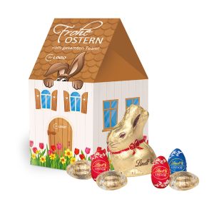 3D Oster Haus Lindt Goldhase und Schoko-Eier mit Werbebedruckung