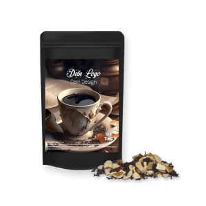 20 g Wintertage Tee im schwarzen Mini Doypack mit Werbeetikett