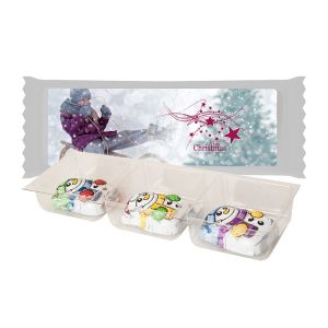 Schoko Schneemänner im Tray mit Werbe-Etikett und Werbedruck