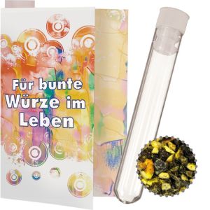 5 g bunter Pfeffer geschrotet im Reagenzglas in Faltkarte mit Werbedruck