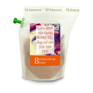 Werbe Tee Earl Grey im Brewer mit Werbeetikett