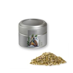 Bio Kräutersalz in silbener Mini Metalldose mit Sichtfenster und Werbebanderole