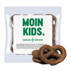 15 g Express Mini Brezeln mit Schokolade überzogen und mit Werbeetikett