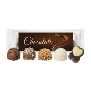 Express 50 g PralinenMix im Kunststofftray mit Werbeetikett und Logodruck