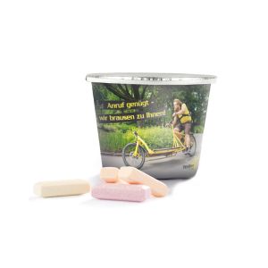 Werbebecher mit Brausestäbchen und Logodruck