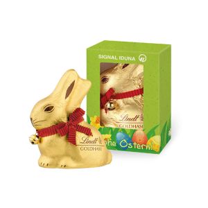 100 g Lindt Goldhase in Werbekartonage (Graspapier) mit Logodruck