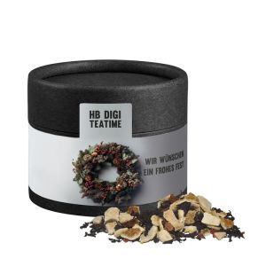 30 g Wintertage Tee in Kraftpapierdose Mini schwarz mit Werbeetikett