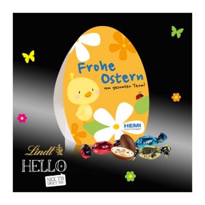 Osterei-Aufsteller mit Lindt HELLO und mit Werbebedruckung