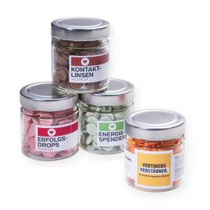 110 Schoko-Drops im Maxi Glasspender mit Werbeetikett und Logodruck