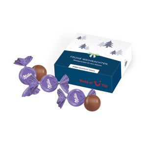 Weihnachtspräsent Milka feine Alpenmilch-Kugeln mit Werbedruck