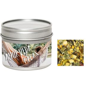 35 g Ayurveda Relax-Tee in Sichtfensterdose mit Werbeetikett