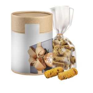 130 g Schoko-Orange Fruchtstollen-Keks in Eco Pappdose mit Werbeetikett