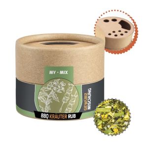 28 g BBQ Kräuter-Rub Gewürzmischung im Kraftpapierstreuer Mini mit Werbeetikett