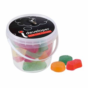 120 g Fruchtgummis im Mini Eimer mit Werbe-Etikett und Logodruck