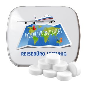 20 g zuckerfreie Pfefferminz Drops in Mintdose mit Werbedruck