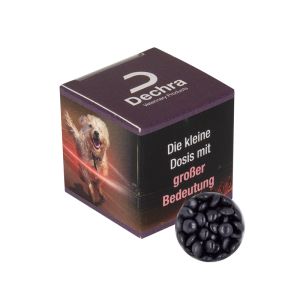 Werbewürfel mit schwarzen Schoko-Linsen und Werbedruck