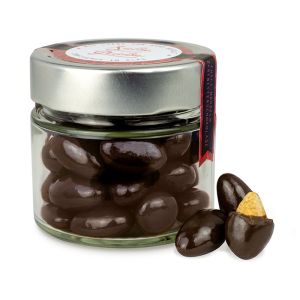 Chilimandeln mit Zartbitterschokolade im edlen Glas mit Werbeetikett