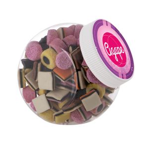 1 Liter Schräghalsglas befüllt mit Englischer Lakritze und mit Werbeetikett