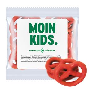 15 g Express Mini Brezeln mit Erdbeere überzogen und mit Werbeetikett