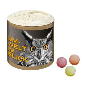 85 g Bonbons in Pappdose mit Spender und mit Webeetikett
