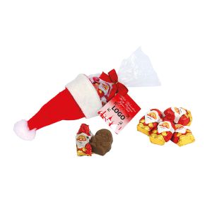 Nikolaus-Mütze mit Schoko-Weihnachtsmännern und Werbekarte