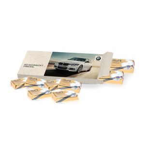 Lindt Schokotäfelchen lose in Präsentbox (Graspapier) mit Werbedruck