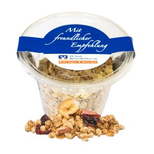 60 g Crunchy Früchte Müsli im Öko-Becher mit Werbeetikett