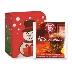 Weihnachts-Beuteltee Hüttenzauber in einer Faltschachtel mit Werbedruck
