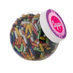 1 Liter Schräghalsglas befüllt mit Lakritzstäbchen und mit Werbeetikett