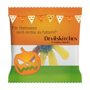 Bunte Fruchtgummi Spinnen im Werbetütchen mit Logodruck