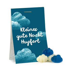 15 g blaue und weiße Fruchtgummi-Wolken in Naschtasche mit Werbereiter