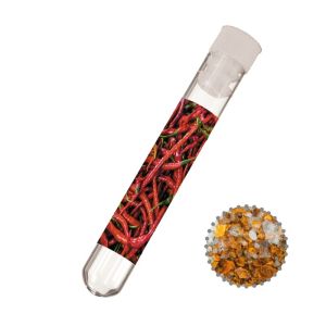 8 g Chili-Salz im Reagenzglas mit Werbeetikett