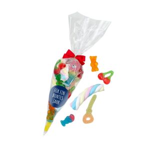 250 g bunte Fruchtgummi-Schaumzucker-Mischung in transparenter Spitztüte mit Clipschleife und Werbeetikett