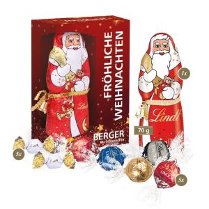 Premium-Präsent mit Lindt Weihnachtsmann in Sichtfensterkartonage mit Werbedruck
