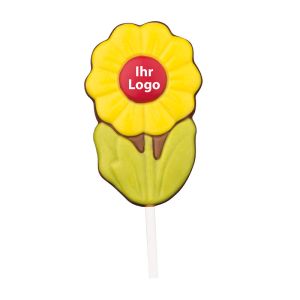 Schoko-Blumen-Lolli mit Schoko-Logodruck und Werbeanhänger