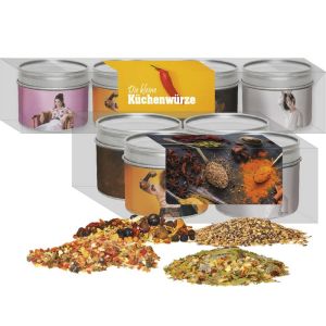 Gewürz Geschenk-Set mit 4 Sichtfensterdosen und Werbeanbringung