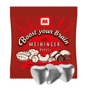 Schoko-Herzen mit Silberglasur im Werbetütchen mit Logodruck