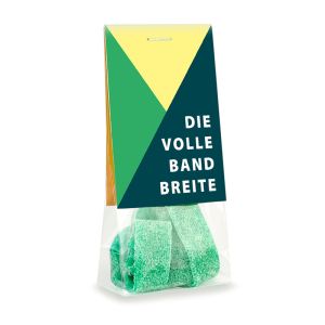 28 g grüne Fruchtgummibänder im Naschbeutel mit Werbereiter