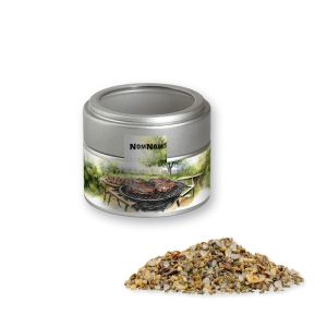 Kräuter-Steakgewürz in silbener Mini Metalldose mit Sichtfenster und Werbebanderole