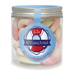140 g Schaumzuckerringe mit Brause in transparenter Dose mit Werbeetikett
