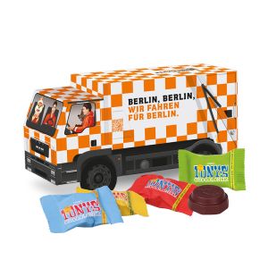 3D Präsent LKW Tiny Tony´s Chocolonely mit Werbedruck