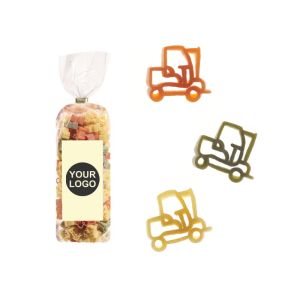 250 g Werbe-Nudeln in Gabelstapler-Form im Standbeutel mit Werbeetikett