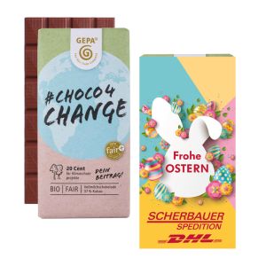 100 g Choco4Change BIO-Vollmilchschokolade im Werbeschuber mit Logodruck