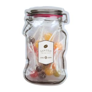 Lollies im Maxi-Beutel in Weckglas-Form mit Werbeetikett