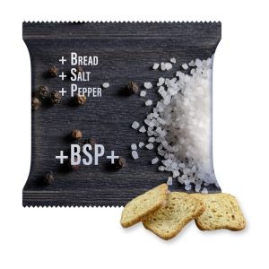 20 g Bio Brot Chips Salz und Pfeffer im Tütchen mit Werbedruck
