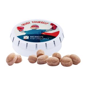 XS Springdeckeldose mit 12 Kräuter Bonbons und mit Logodruck
