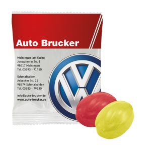 Fruchtbonbon im Duopack mit Werbedruck farblich und geschmacklich bunt gemischt