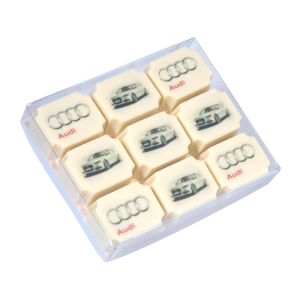 9 Bedruckte Pralinen in Klarsichtbox