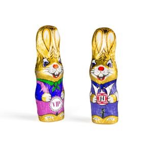 15 g Osterhase aus fairtrade Schokolade mit individuell bedruckten Stanniolpapier