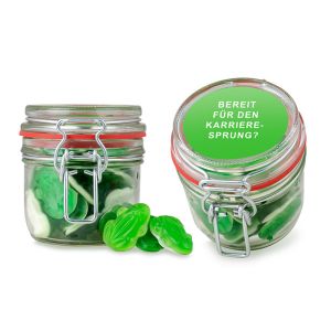 160 g Grüne Frösche im Bügelglas mit Werbeetikett